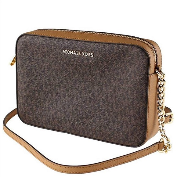 MICHAEL KORS Jet Set Item MK Signature Logo Large Crossbody in Brown and Gold - Picture 1 of 10
